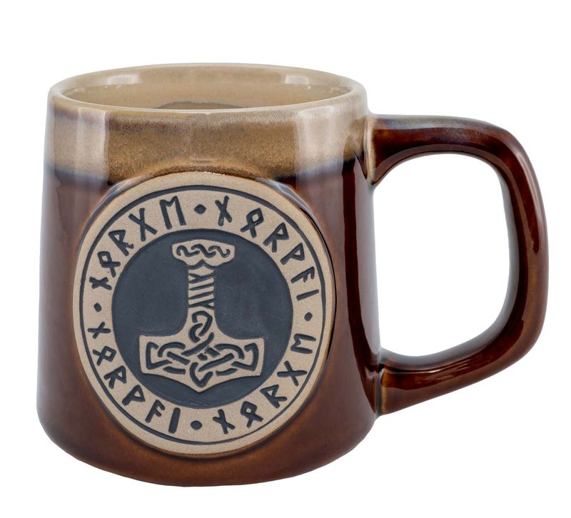 Ceramic mug with Thor's hammer, brown