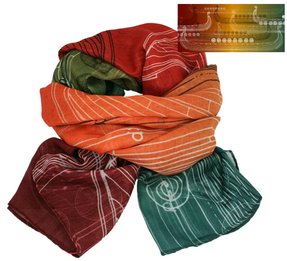 Scarf, Viking ship, brown/orange/green