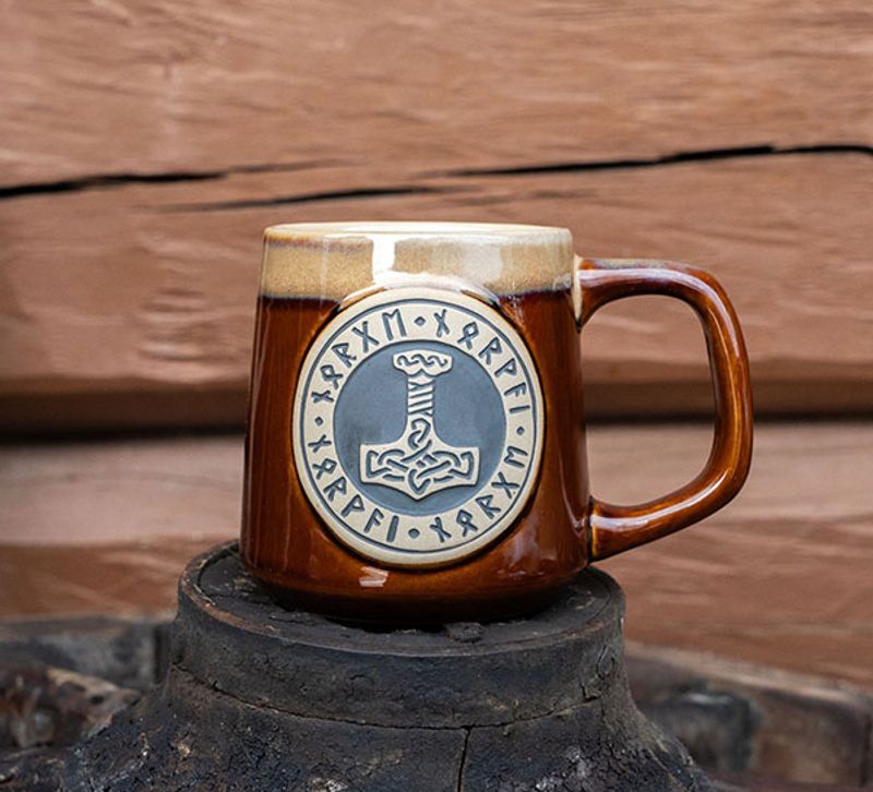 Ceramic mug with Thor's hammer, brown