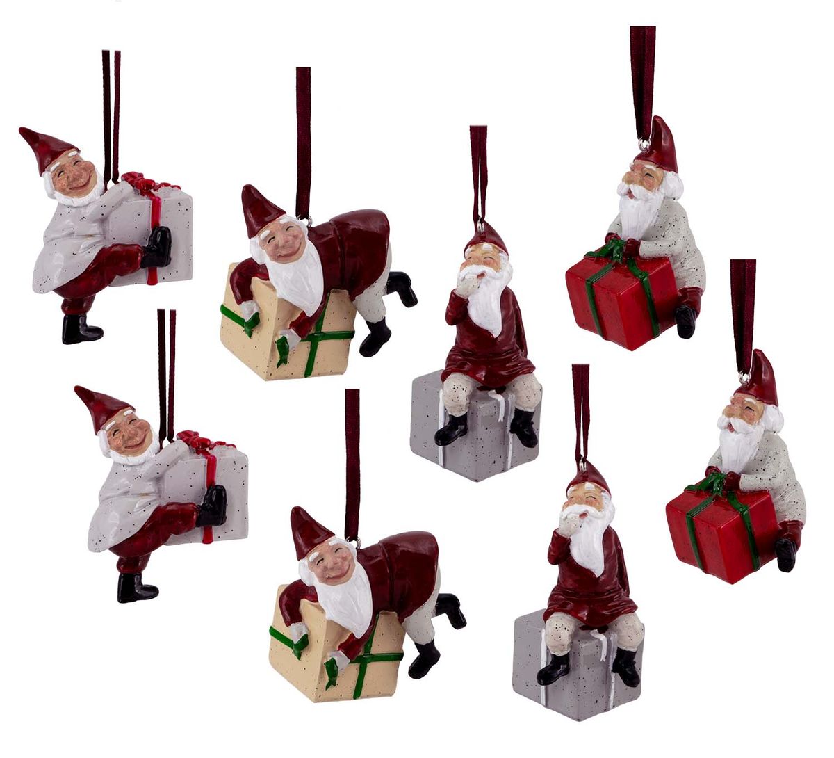 Hengende små nisser med pakker, sett à 8 stk